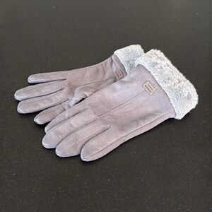 Grey Warm Winter Touchscreen Gloves - Faux Suede & Faux Fur